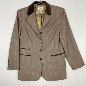 Talbots Blazer Womens 12 Petite Brown Houndstooth Wool Suede Trim Countryside